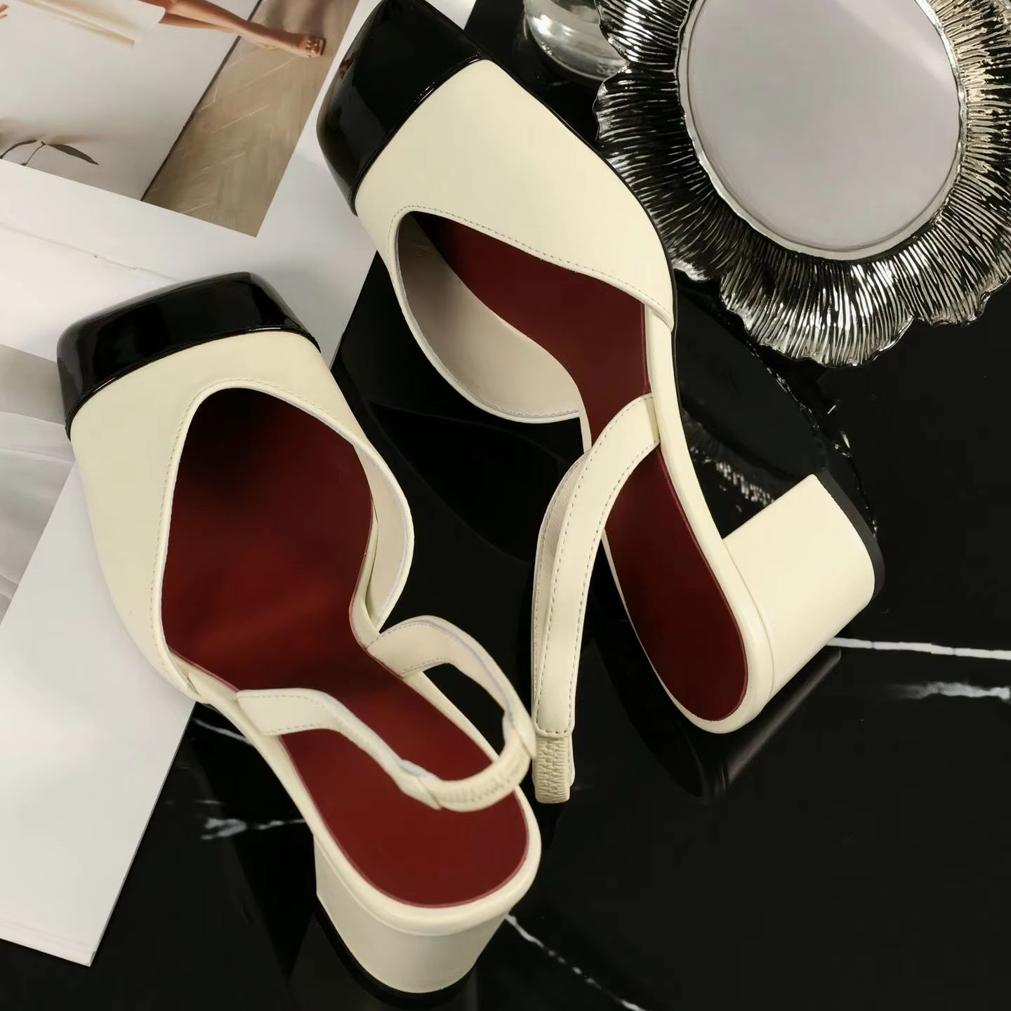 Women Shoes Black - 여성 슬링백 펌프스 투톤 크림 블랙
