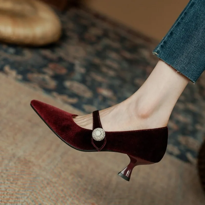 Women Shoes Heels - 와인 레드 포인티드 토 메리 제인