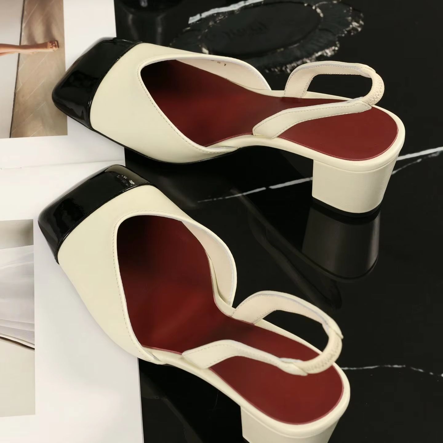 여성 슬링백 펌프스 투톤 크림 블랙 페이턴트 토캡 블록 - Women Shoes Black 리뷰 및 가격