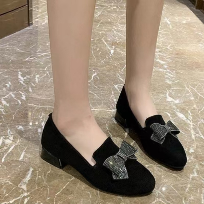 2025 블랙 신상 여성용 리본 로우힐 슈즈 라운드 토 - Women Shoes Black 리뷰 및 가격