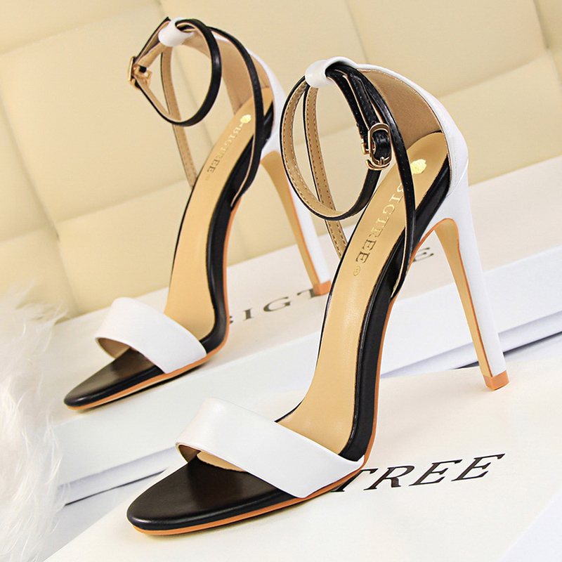 여성 블랙 화이트 간결한 가죽 11cm 하이힐 샌들 레 - Women Shoes Black 리뷰 및 가격