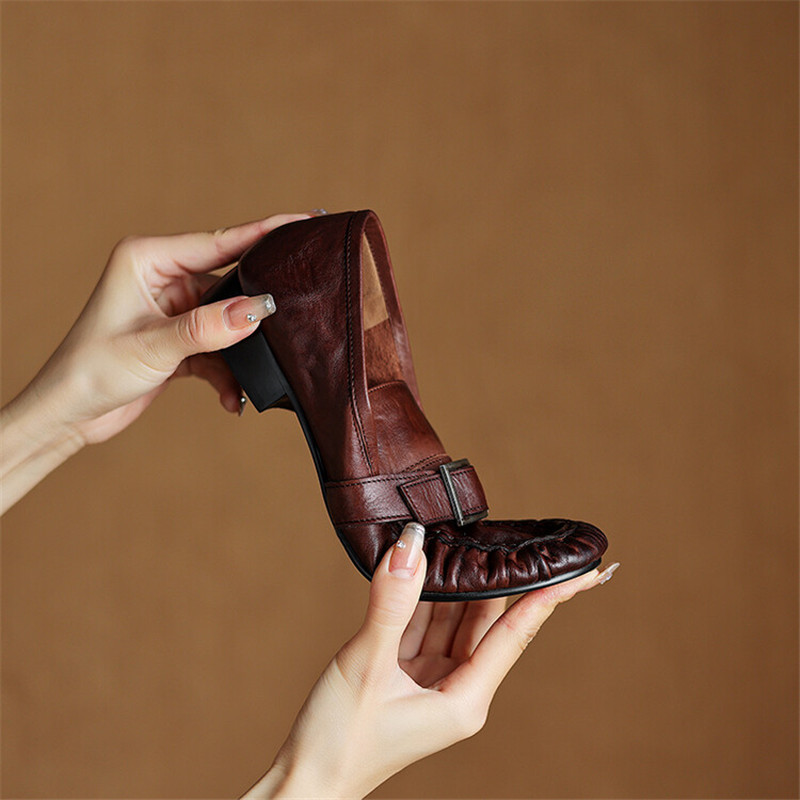 여성용 정품 가죽 펌프스, 여성용 주름진 라운드 토 슈 - Women Shoes Heels 리뷰 및 가격